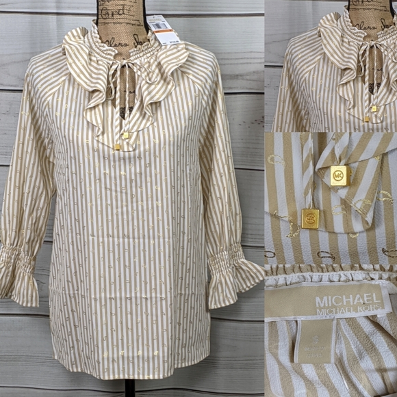 NWT MICHAEL KORS Khaki/White Stripe Top Sz S - Picture 1 of 14